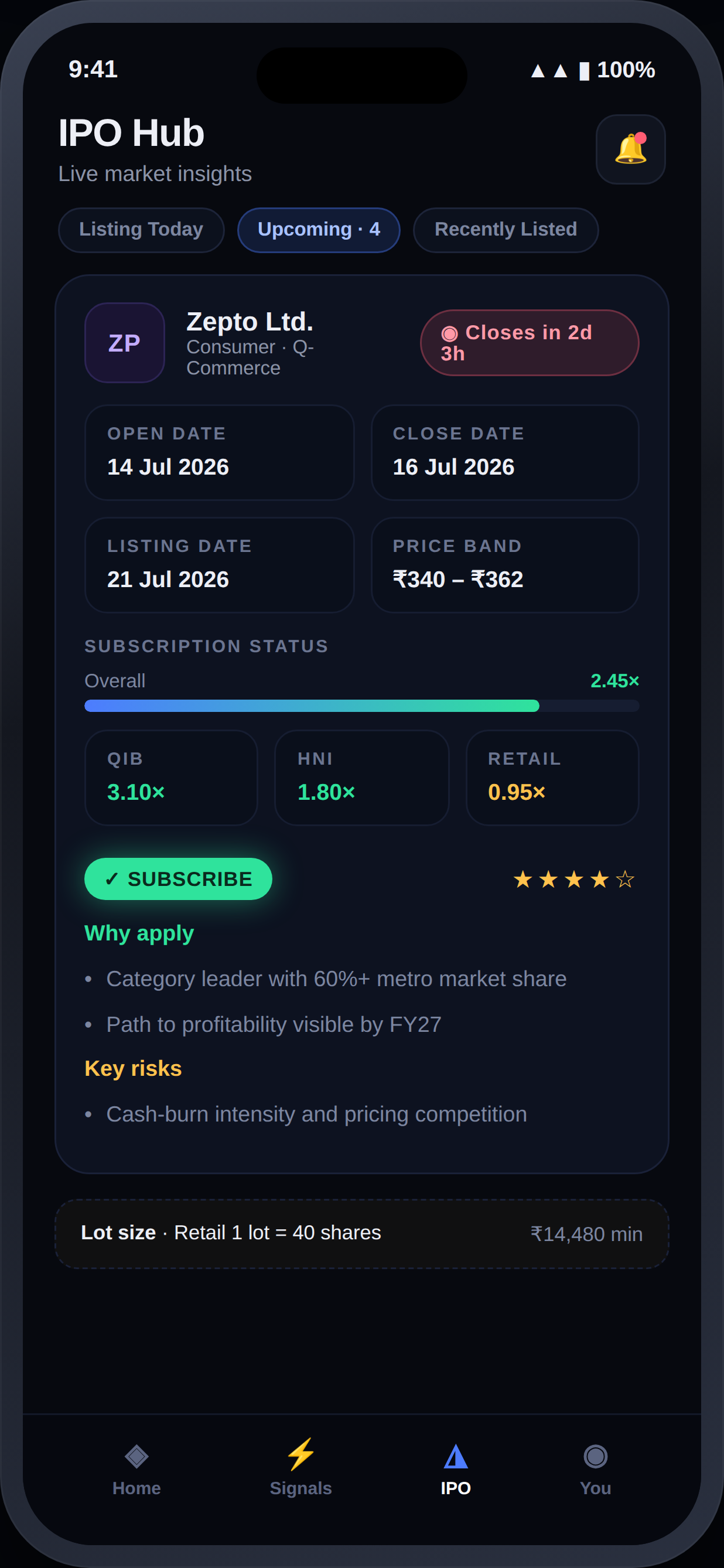 Krijuna app showing an upcoming IPO with subscription status and a SUBSCRIBE verdict